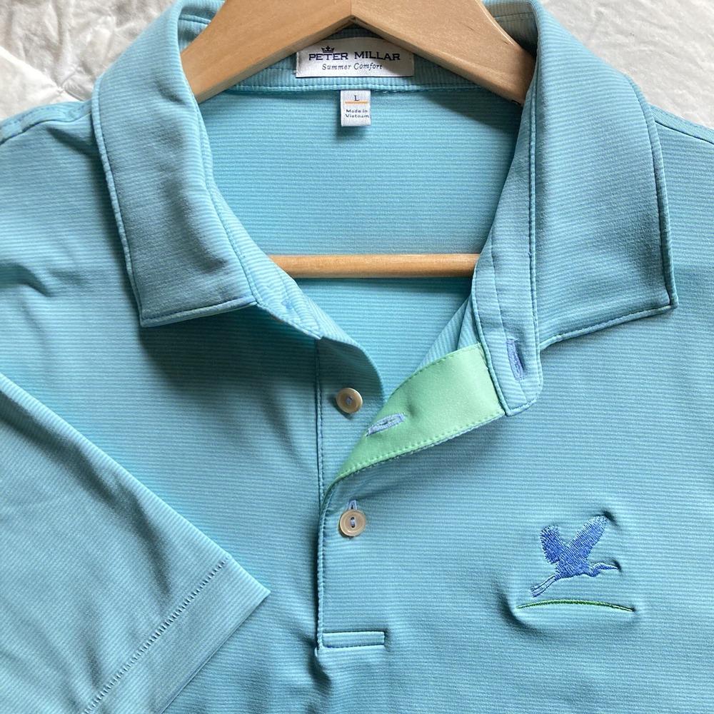 Peter Millar Summer Comfort Men's L Golf Polo SS Poly Stretch Turquoise Blue